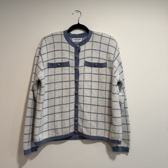 VTG! Alfred Dunner Blue White Plaid Preppy Button Up Knit Cardigan L USA 80s - Picture 9 of 15